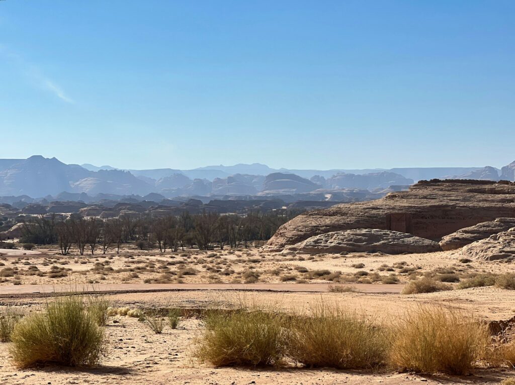 An expansive valley framed by the sculpted mountains of AlUla